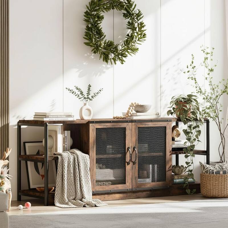 Farmhouse TV Stand, with Double Mesh Doors - Vintage