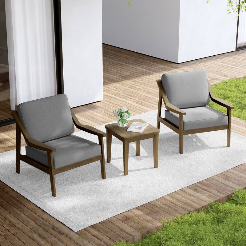 Outdoor Wood Cushioned Patio Set of 2 Accent Chair with Side Table