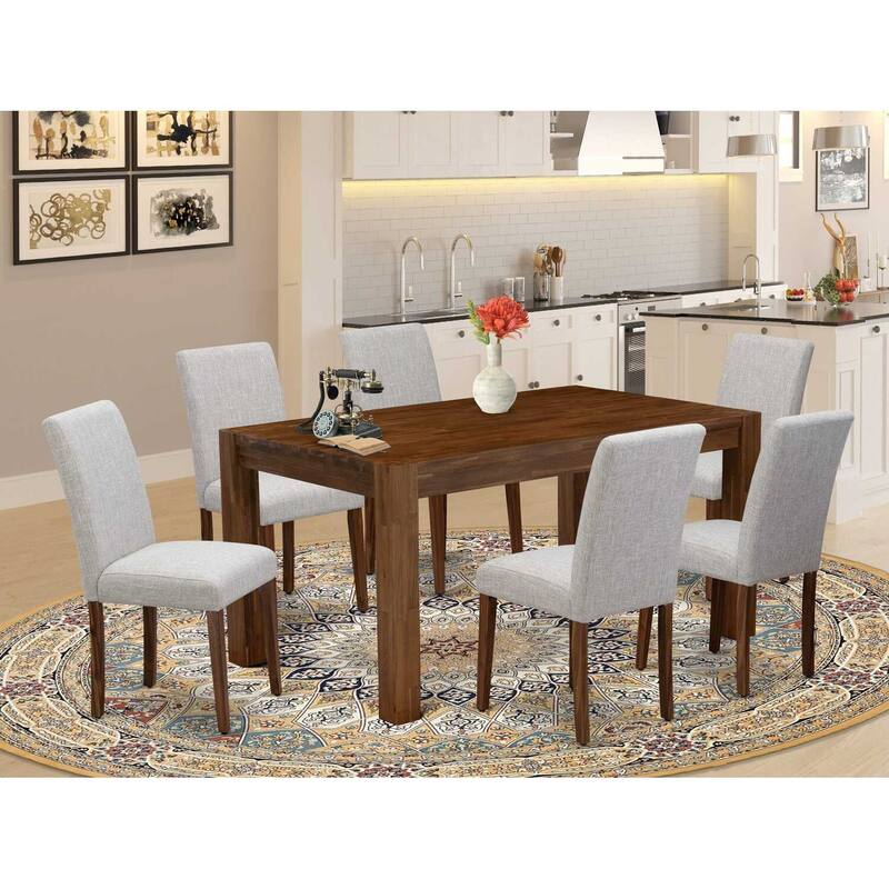 HomeStock 7-Piece Sand Blasted Black Finish Solid Wood Top Dining Table with 6 Parson Chairs with Lattice Back