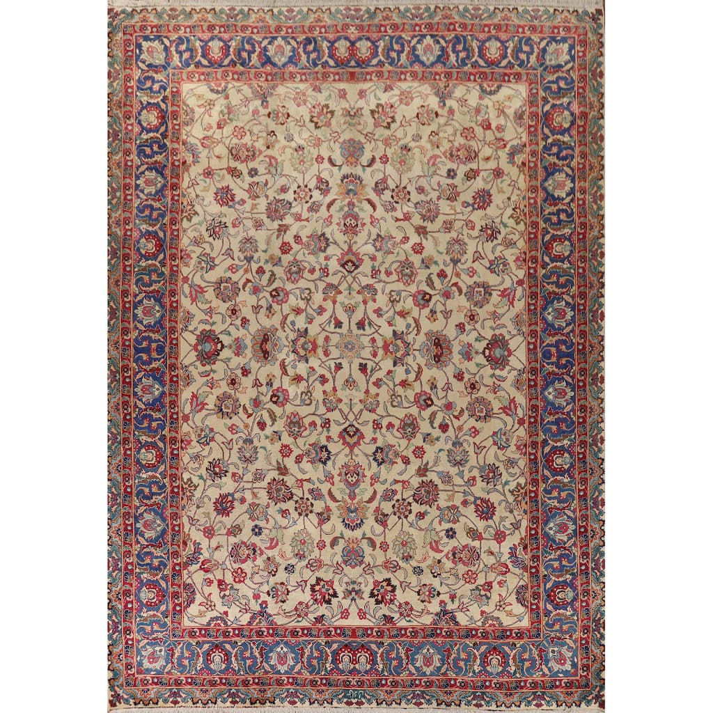 Floral Signed Kashmar Vintage Persian Area Rug Handmade Wool Carpet - 9'7" x 12'6"