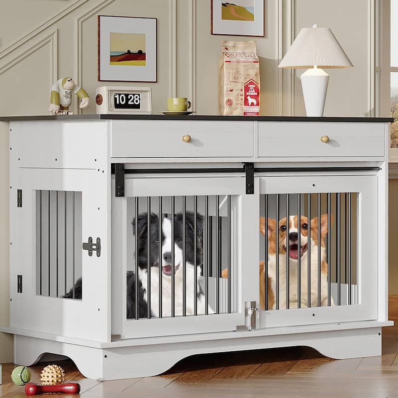 Furniture Style Dog Crate with Divider, Storage Drawers and 3 Doors - White and Brown