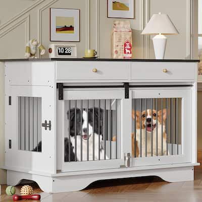 Furniture Style Dog Crate with Divider, Storage Drawers and 3 Doors