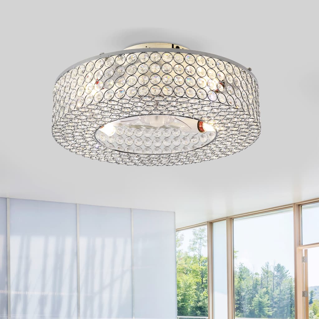 Cusp Barn 20'' Crystal Ceiling Fan with Lights, Modern Flush Mount Low Profile Reversible Chandelier Ceiling Fan for Living Room