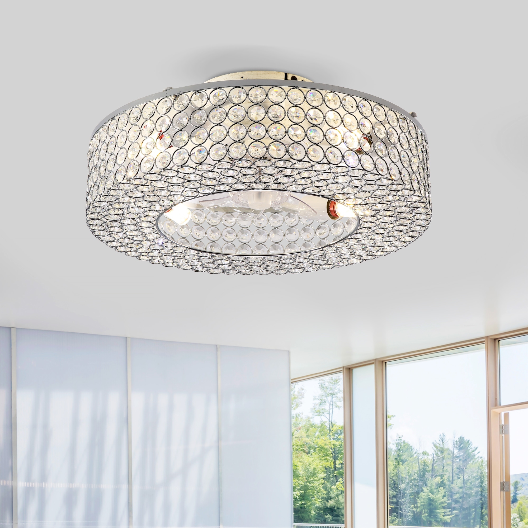 Cusp Barn 20'' Crystal Ceiling Fan with Lights, Modern Flush Mount Low Profile Reversible Chandelier Ceiling Fan for Living Room