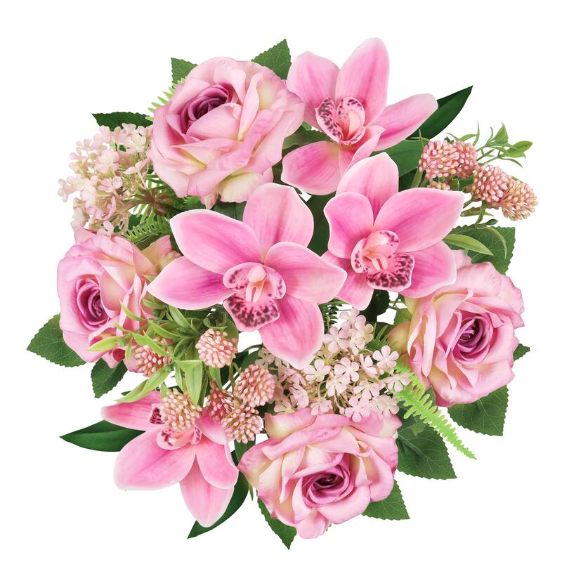 Set of 2 Fuchsia Pink Artificial Mixed Rose Cymbidium Orchid Snowball Flower Stem Bush Bouquet 19in - 19" L x 12" W x 12" DP