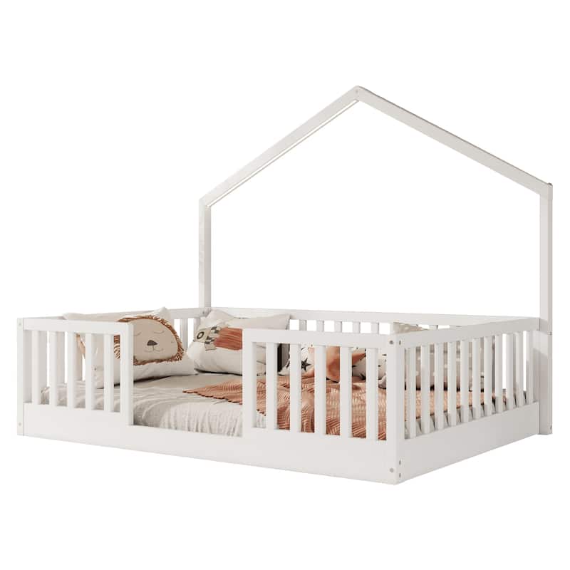 Full Floor Bed with High Rails, Wooden Montessori Bed with Light for Kids, Boys and Girls