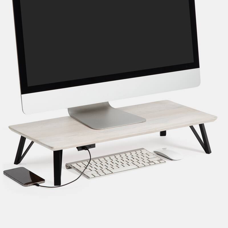 Jani Wood Monitor Stand Riser Desk - Ergonomic Design Stand, Desktop Organizer Table for Home, Office Workspace, Gaming Desk - Off-White