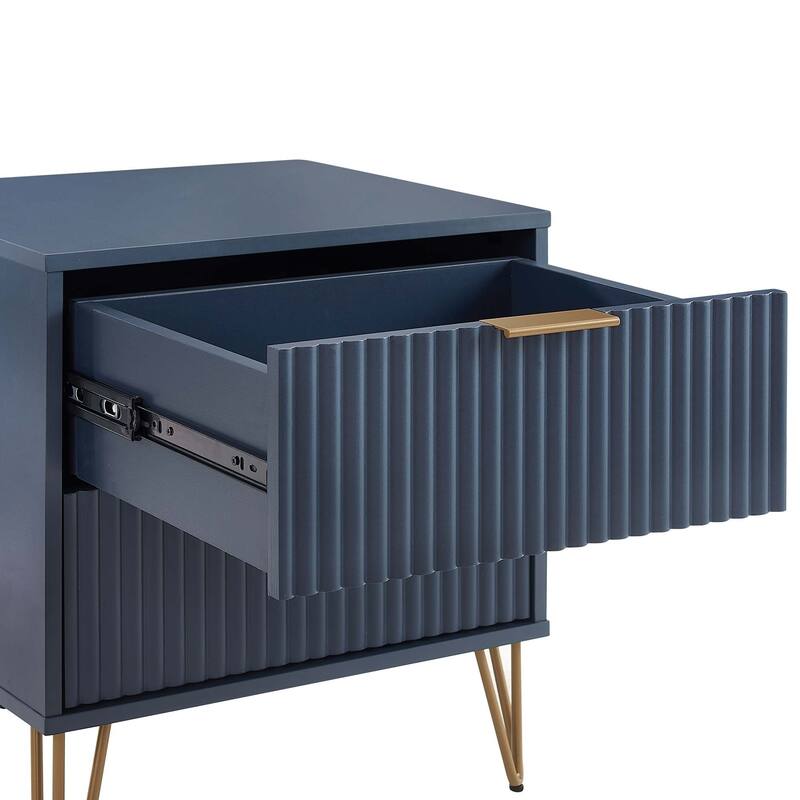 20-Inch Fluted Nightstand in Midnight Blue with 2 Drawers, Gold Handles, and Splayed Legs