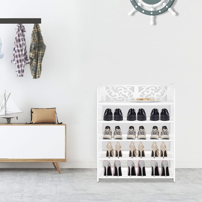 HELLO LAURA Versatile 5-Tier Wood-Plastic Shoe Rack Shoes Tower 15 of pairs of shoe White Finish