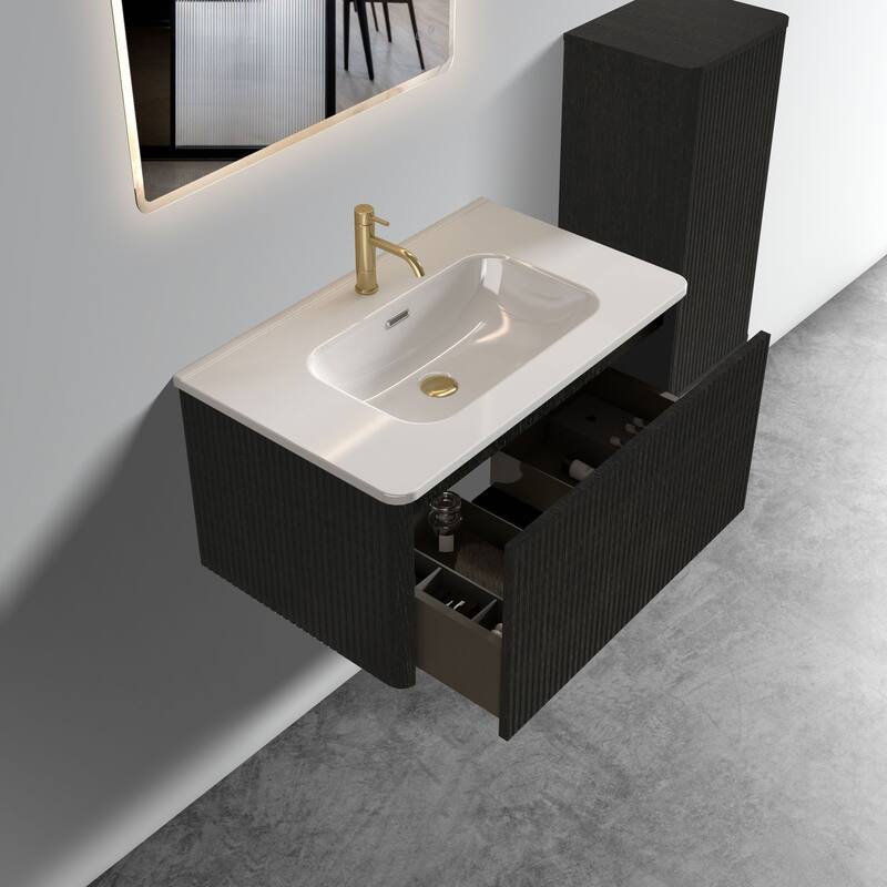 36" Etna Floating Vanity with White Ceramic Sink, Striped Black Oak Texture, Curved Edges