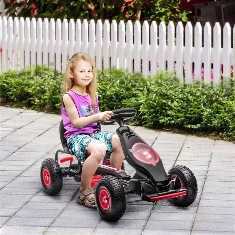 Kids Pedal Go-Kart with Adjustable Ergonomic Seat and Handbrake Shock Absorbers for 5-12 Years Old - 47.75" L x 22.75" W x 24" H