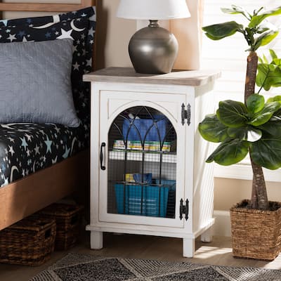 Faron Traditional Farmhouse White and Oak Brown Wood 1-Door End Table