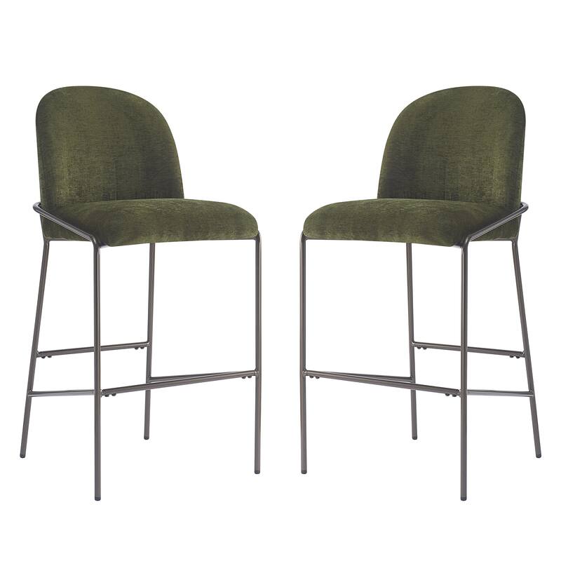 Fabric Upholstered Bar Stools Set of 2, Kitchen Island Chairs with Curved Backrest, Breakfast Bar Chairs with Metal Footrest - Green