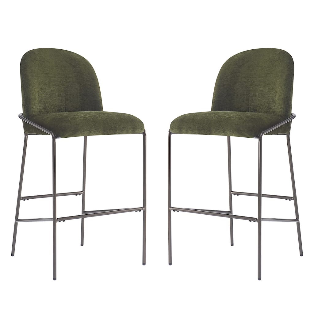 Fabric Upholstered Bar Stools Set of 2, Kitchen Island Chairs with Curved Backrest, Breakfast Bar Chairs with Metal Footrest