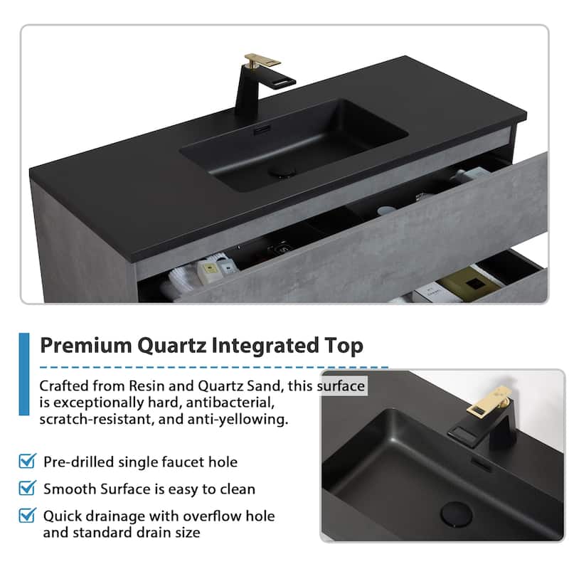 RupheonD 36" 48" Cement Grey Bathroom Vanity with Black Quartz Top