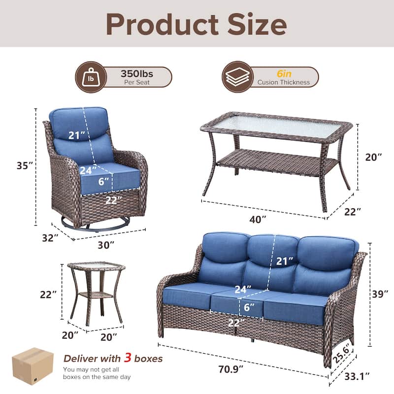 Gymojoy 5-Piece Patio Furniture Set with Swivel Glider Chairs, 6-Inch Ultra-Plush Cushions & Water-Resistant Olefin Fabric