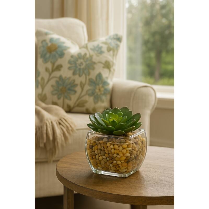 HomeStock Large Echeveria in Glass Cube - Statement Faux Succulent for Desk or Shelf Display - 6