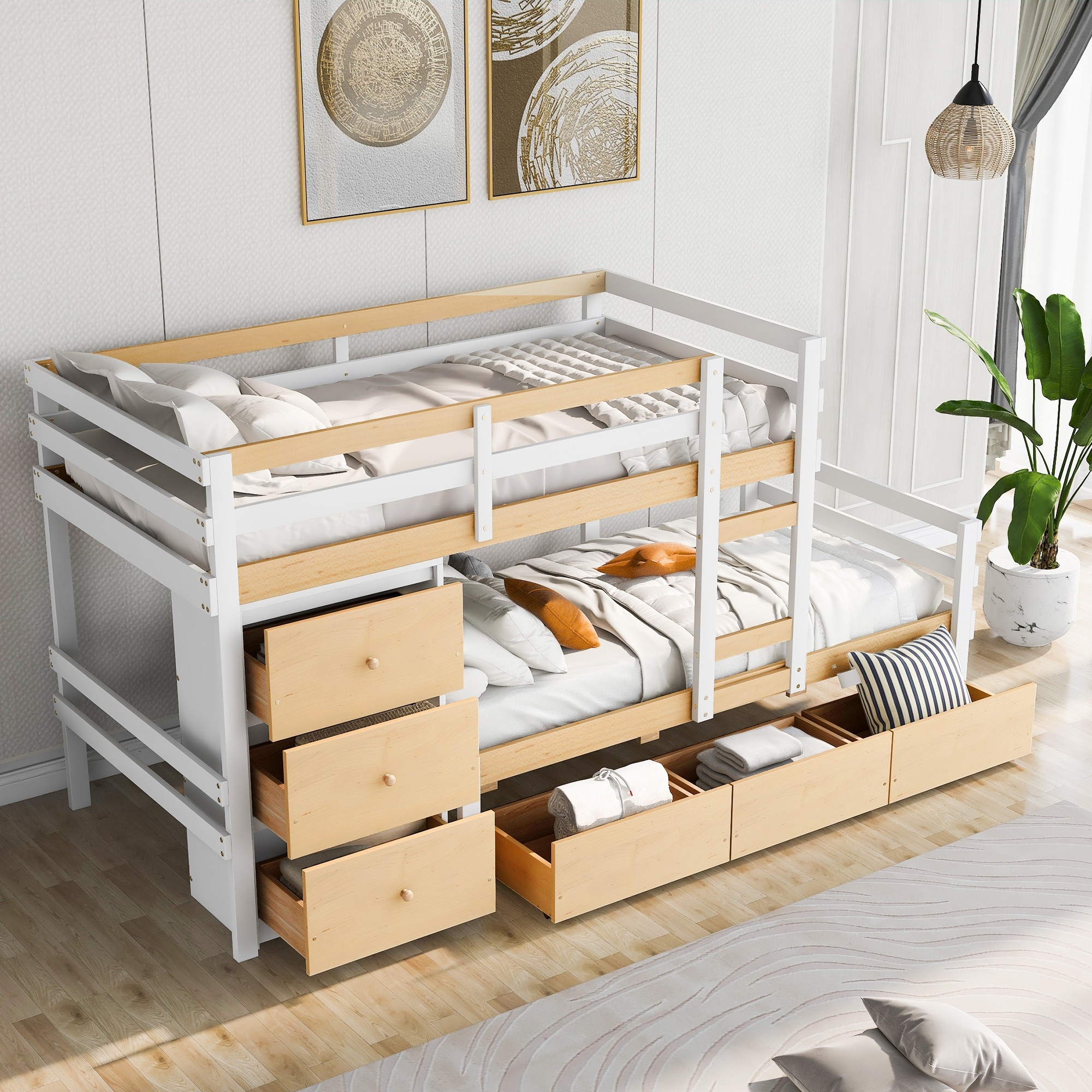 Twin over Twin Loft Bunk Bed with Drawers and Ladder Natural