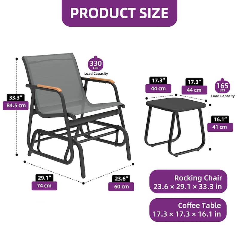 Moasis 3pcs Textline Patio Bistro Set Glider Chair with Coffee Table Tempered Glass