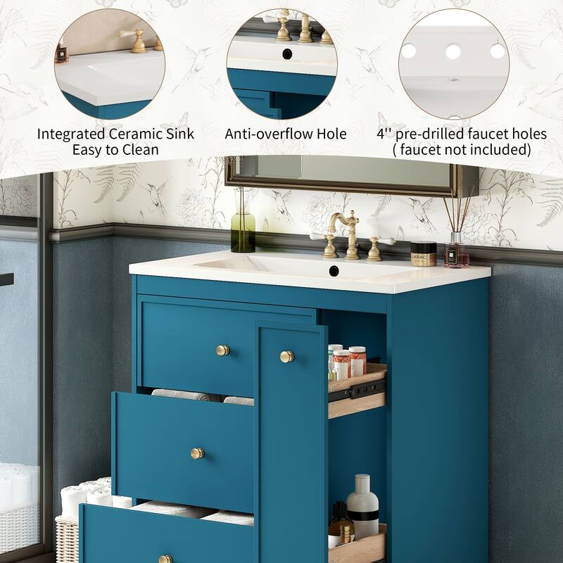30" Blue Bathroom Vanity with Sink, 2 Soft-Close Drawers and Side Drawer, Freestanding Storage Cabinet with Gold Metal Knobs