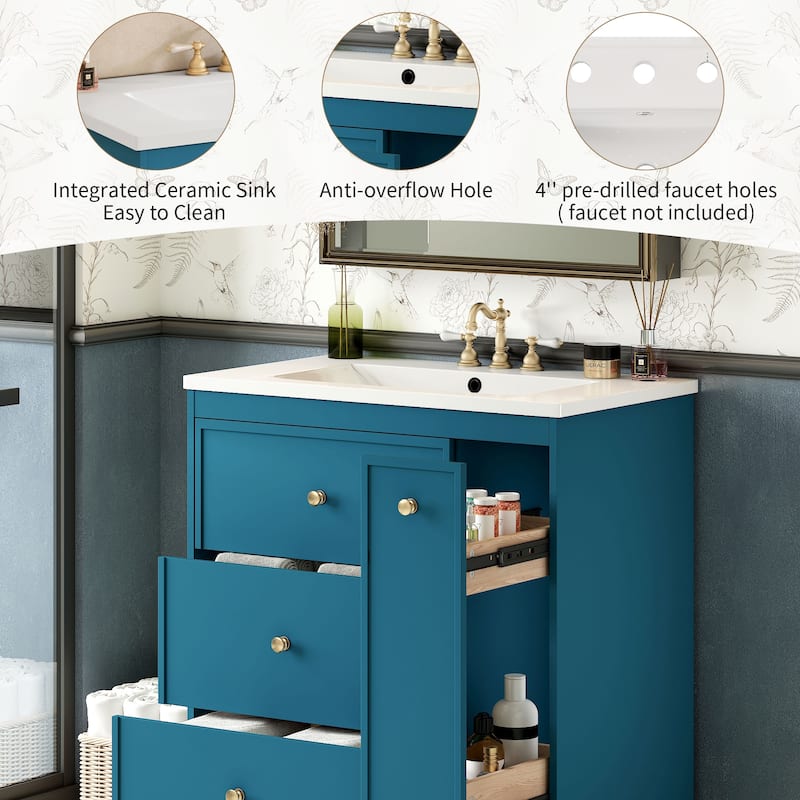 GDFStudio - Carradine Classic Freestanding Bathroom Vanity with Ceramic Sink and 4 Storage Drawers - 30'W