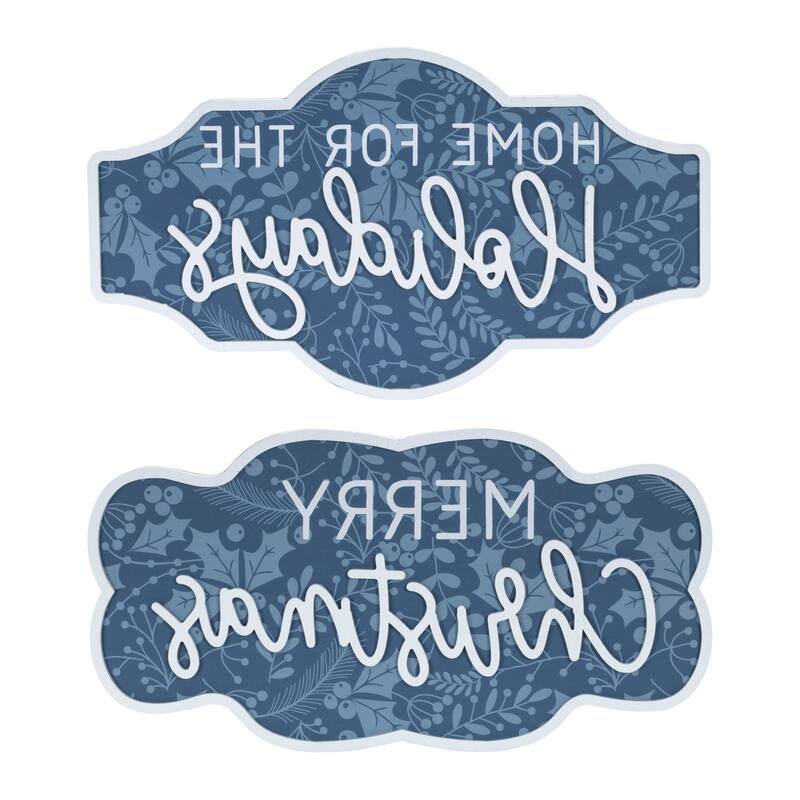 HomeRoots Set of Two Blue And White Christmas Home For The Holidays Wood Wall Decor