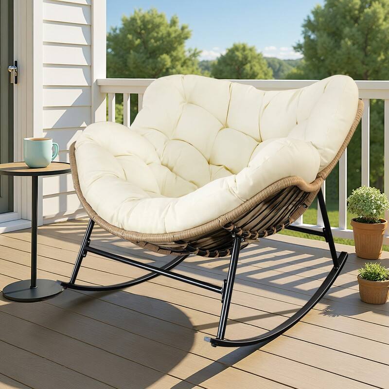 Outdoor Rocking Papasan Chair, Wide Egg Rocking Chair with Thick Padded Cushion, 450 lb Capacity Patio Relaxing Rocker - 1PC-Beige