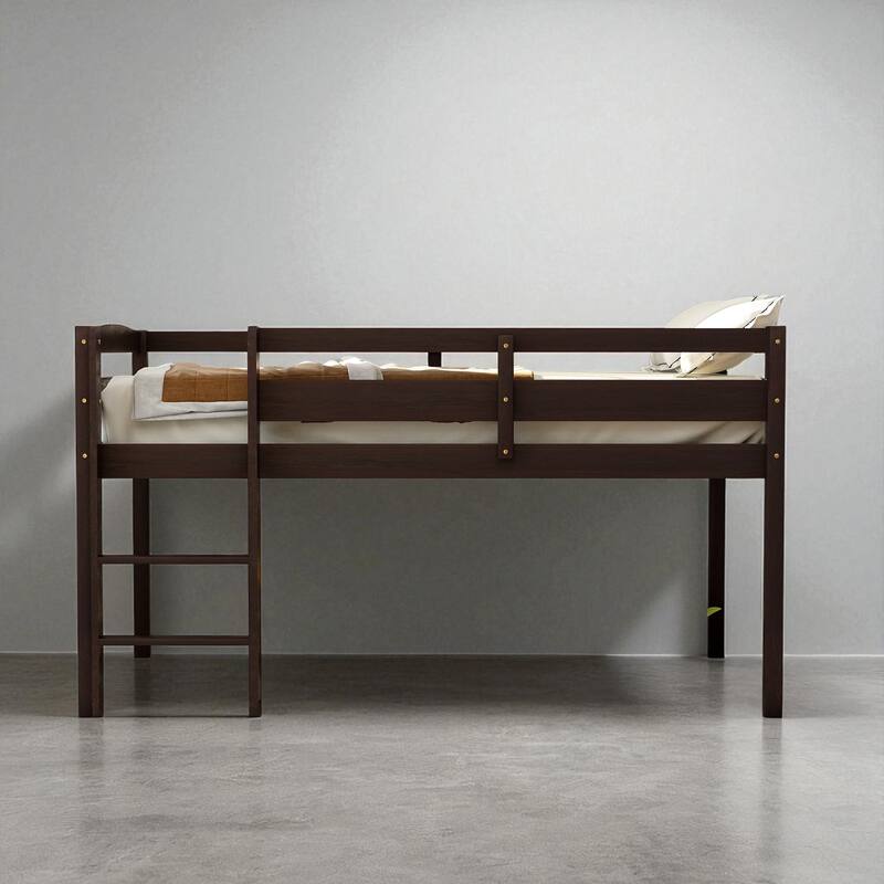 Twin Size Wood Loft Bed with Ladder, Low Loft Bed Frame for Kids and Teens, Space Saving Design