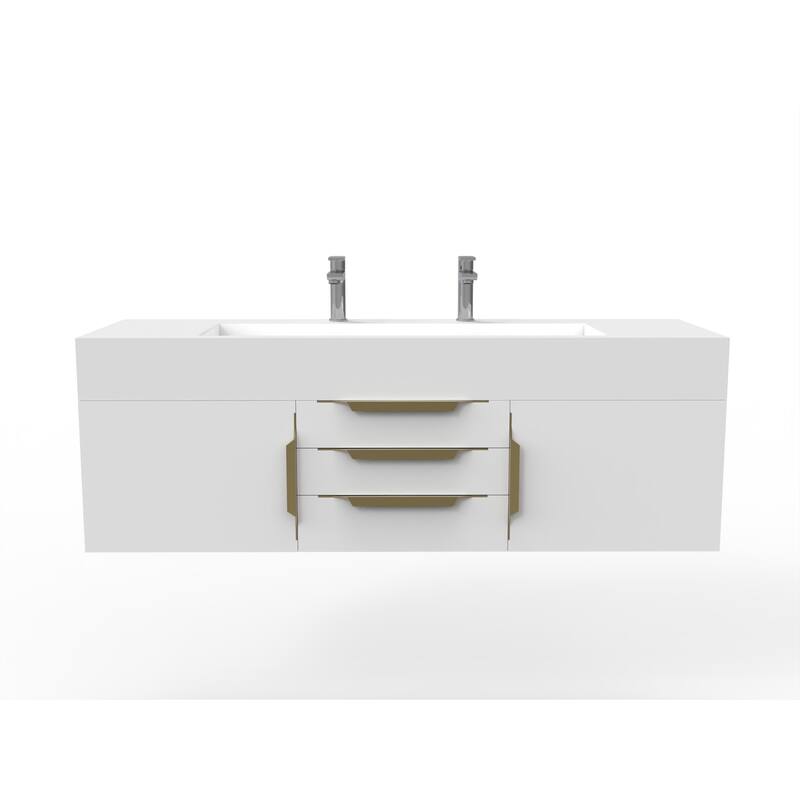 Nile 60" Wall Mounted Bathroom Vanity Set w/ White Top - White - Gold Finish