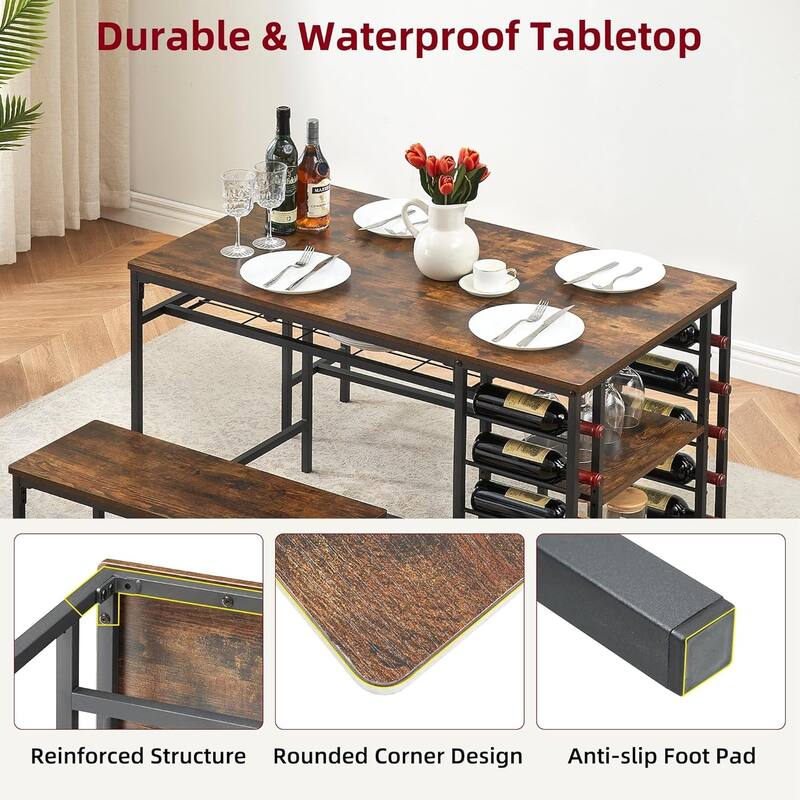 Dining Table Set with 2 Benches and Storage Shelf, Rectangular Table for Small Dining Area or Apartment