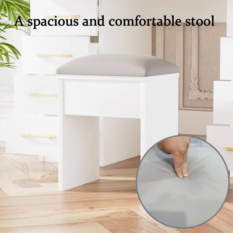 46" Glass Top Vanity Desk with Lighted Mirror, 10 Drawers, Power Outlet, USB Port & Stool, White Makeup Table for Bedroom