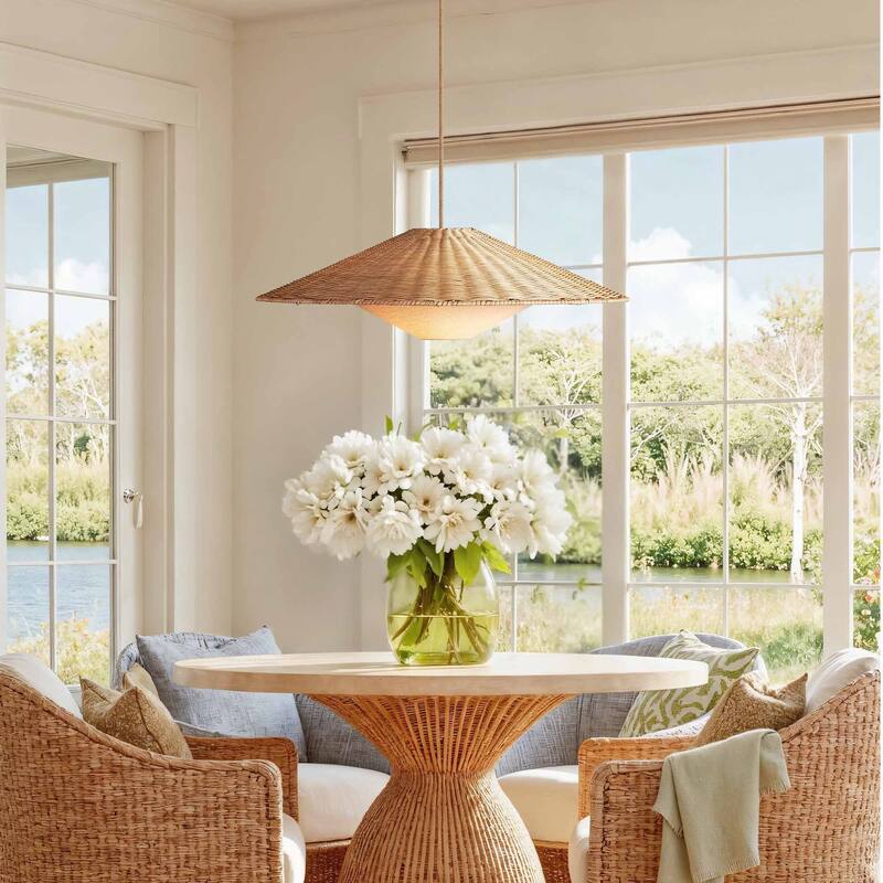 Sunny Rattan Pendant Light - Natural Large Cone 1-Light Handwoven Light Fixture For Modern, Transitional, Farmhouse Room Décor
