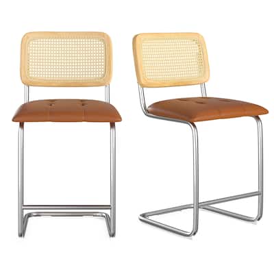 Counter Height Bar Stools Set of 2, Upholstered PU Leather Barstools with Rattan Back, 24 inch Stools Armless Bar Chairs