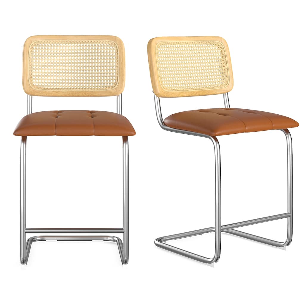 Counter Height Bar Stools Set of 2, Upholstered PU Leather Barstools with Rattan Back, 24 inch Stools Armless Bar Chairs