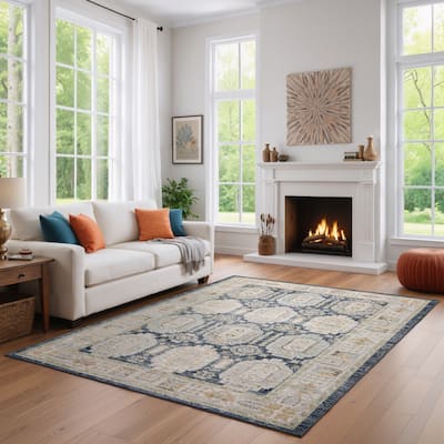 Calliope Textural Distressed Traditional Navy/ Ivory Area Rug