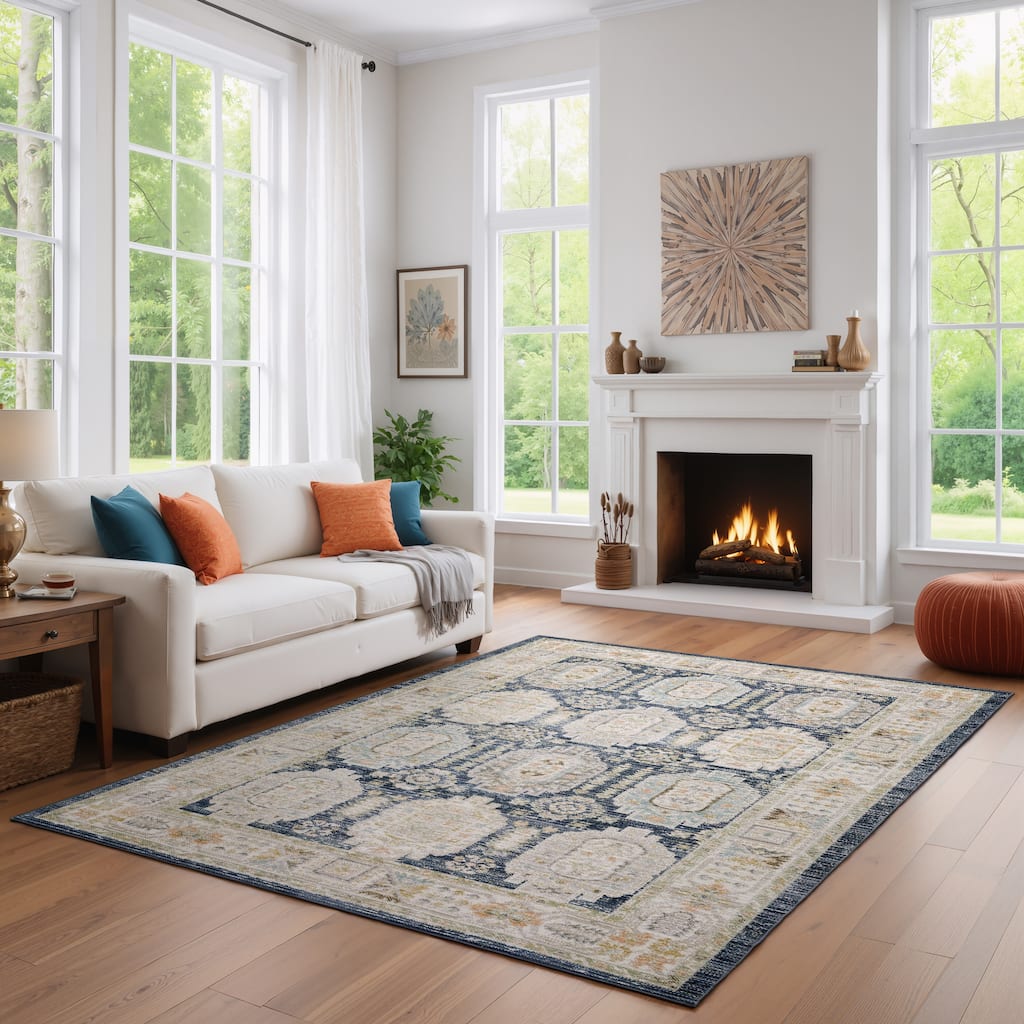 Calliope Textural Distressed Traditional Navy/ Ivory Area Rug