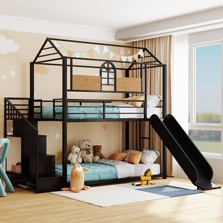 Twin Over Twin Metal House Shaped Bunk Bed with Slide and Storage ...