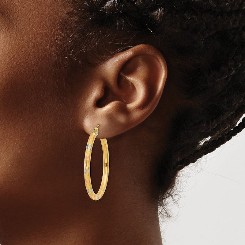 Curata 14k Tri Color Gold 39x3mm Textured Station Hoop Earrings