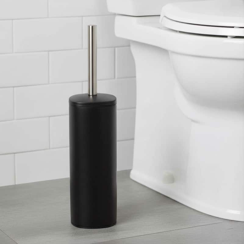 Square Metal Toilet Brush and Holder with Sturdy Handle Splash Guard - 3.12"L x 3.12"W x 15.8"H - Black