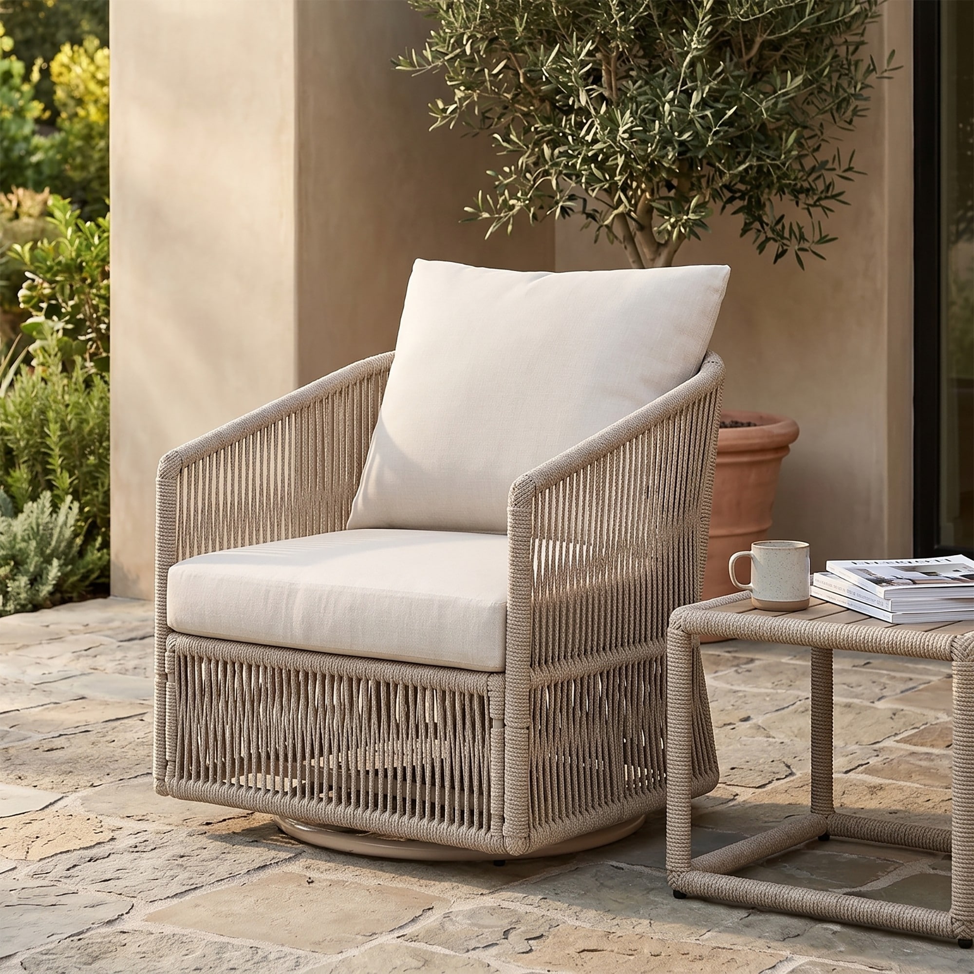 Christopher Knight Home - Ellis Outdoor Swivel Patio Chair, Handwoven Rope 360° Base with Removable Water-Resistant Cushions