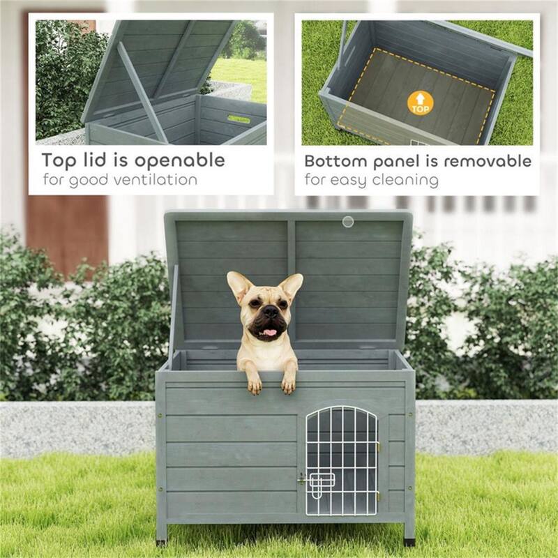 Dark Gray Fir Wood Dog Kennel House with Wire Lock Door Removable Bottom Panel