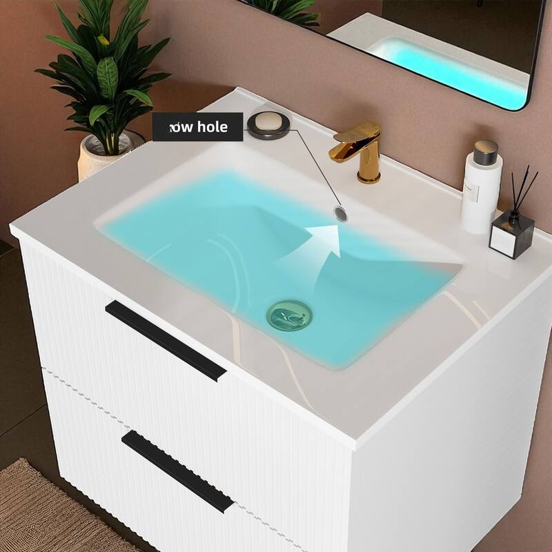30 Inch Floating Bathroom Vanity with Ceramic Sink, Wall Mounted Fluted Cabinet with Drawers, Modern MDF Design