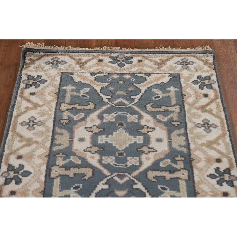 All-Over Blue Oushak Indian Runner Rug Hand-knotted Wool Carpet - 2'7"x 9'10"