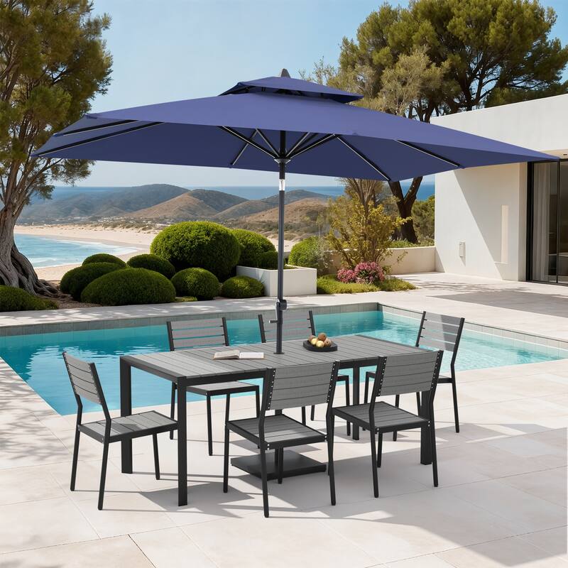 Set of 9 Outdoor Patio Dining Set WoodLike Aluminum Umbrella Hole Table with Stackable Chairs, Market Umbrella Set - GreyTable&GreyChairs&NavyBlueUmbrella