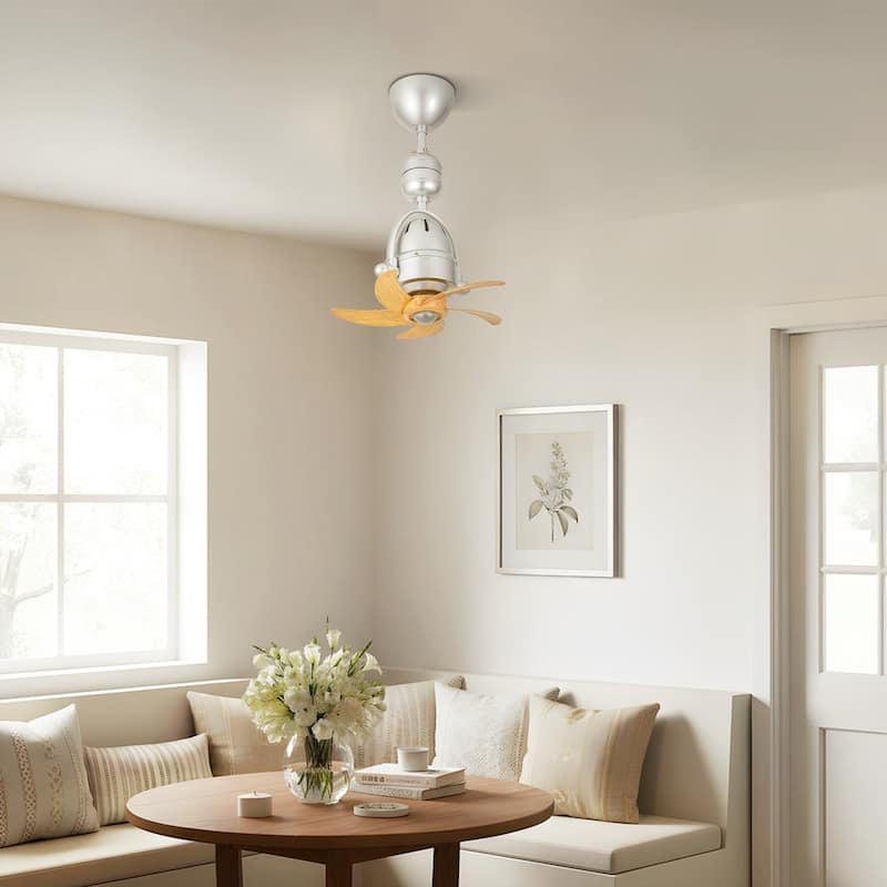 5-Speed 5-Blade Mid-Century Modern Silver Metal & Natural Wood-Tone Plastic Ceiling Fan with Remote for Living Room