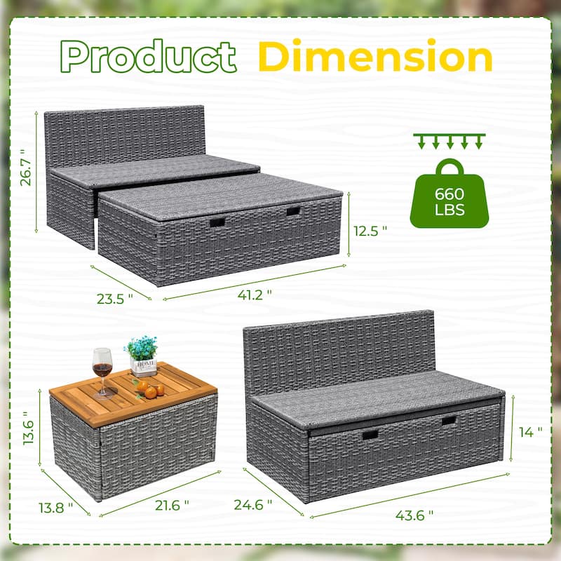 Furniwell Outdoor Daybed Patio Furniture Set Rattan Storage Conversation Set with Cushion and Side Table