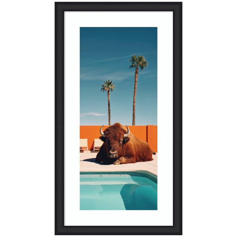 Kate and Laurel Framed Art Bison Chilling by the Pool in California by Michael Schauer - 24x43 - Black
