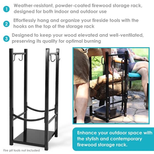 Sunnydaze Log Rack with Tool Holders Steel with Blakc Finish Firewood Storage