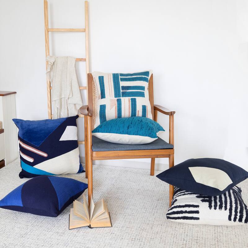 Handwoven Patchwork Embroidered Square Throw Pillow Cover - 20" - Blue and White