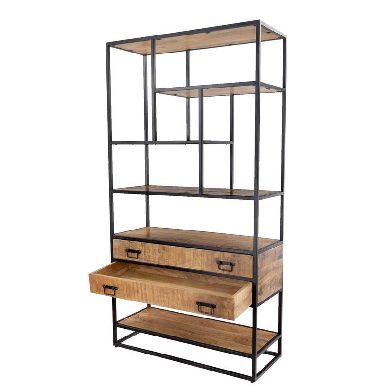 75" Tall Industrial Bookshelf with Drawers Solid Mango Wood